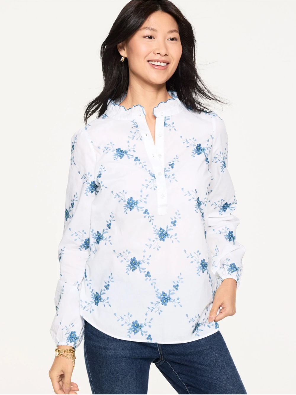 Talbots White Blouse with Blue Floral Print and Ruffle Collar